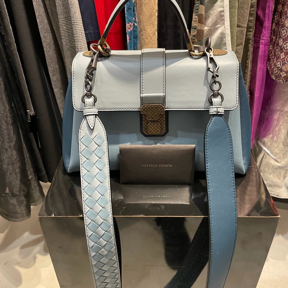 Bottega Veneta Piazza Bag Blue Leather Tricolor w/ Intrecciato Strap